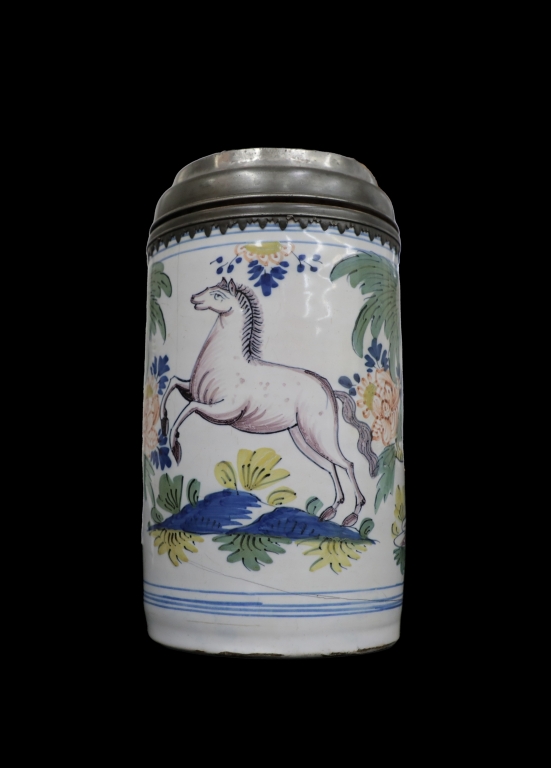 Polychrome Delft Beer Stein with Pewter Cover